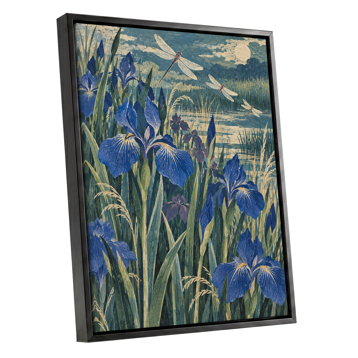 Iris Moonflight, blue, green, beige floral wall art shown as a black framed canvas wall art