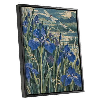 Iris Moonflight, blue, green, beige floral wall art shown as a black framed canvas wall art