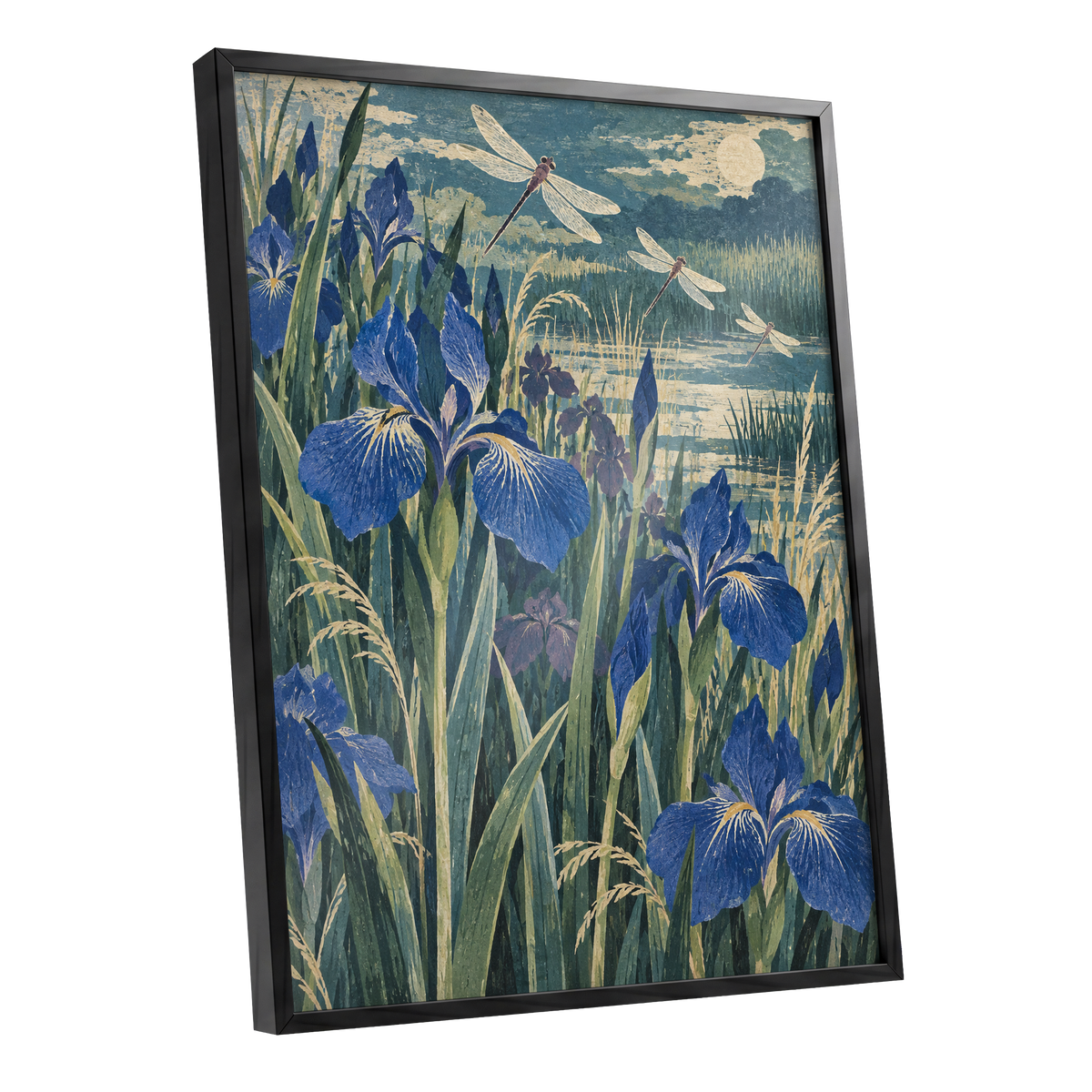 Iris Moonflight, blue, green, beige floral wall art shown as a black framed poster wall art print