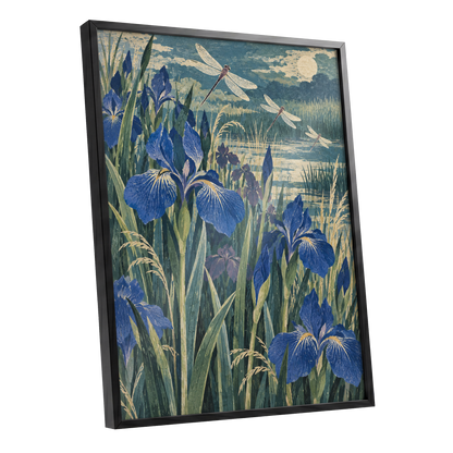 Iris Moonflight, blue, green, beige floral wall art shown as a black framed poster wall art print