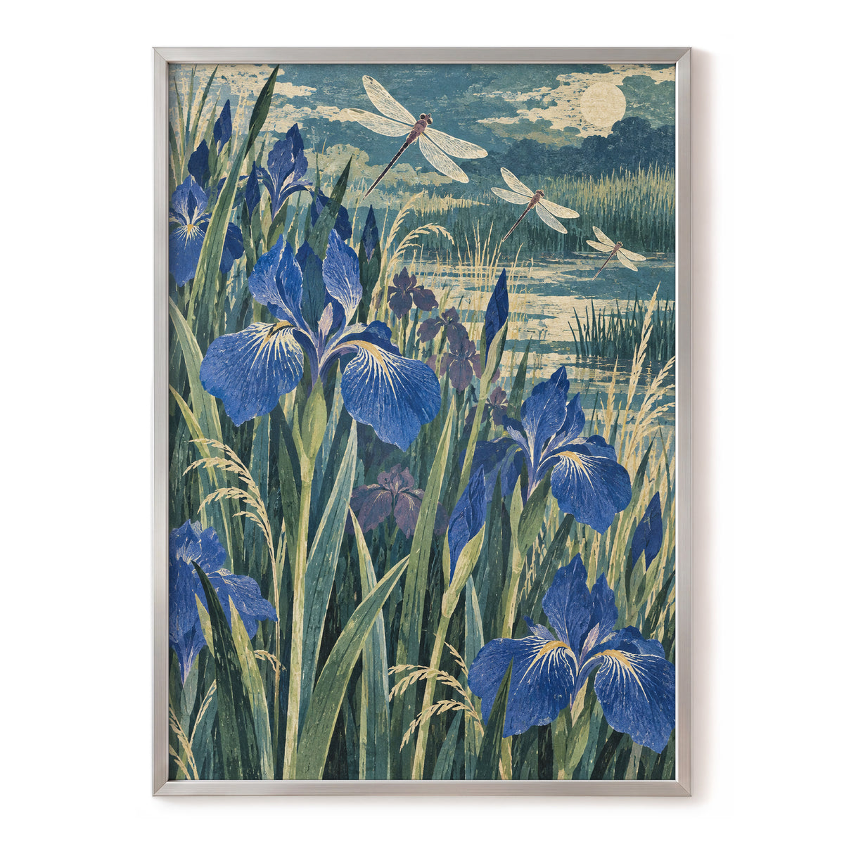Iris Moonflight, blue, green, beige floral wall art, front artwork view