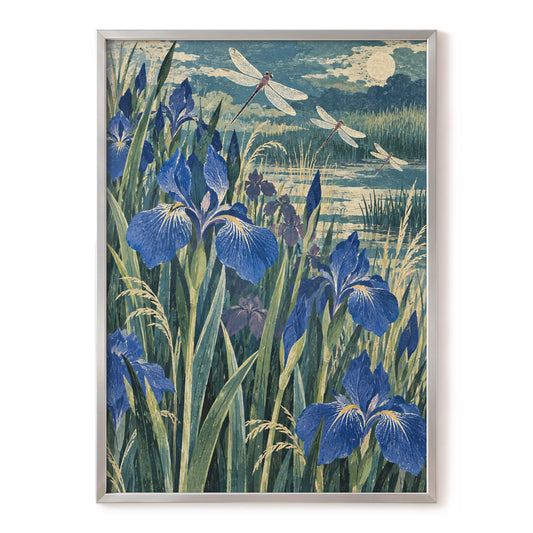 Iris Moonflight, blue, green, beige floral wall art, front artwork view