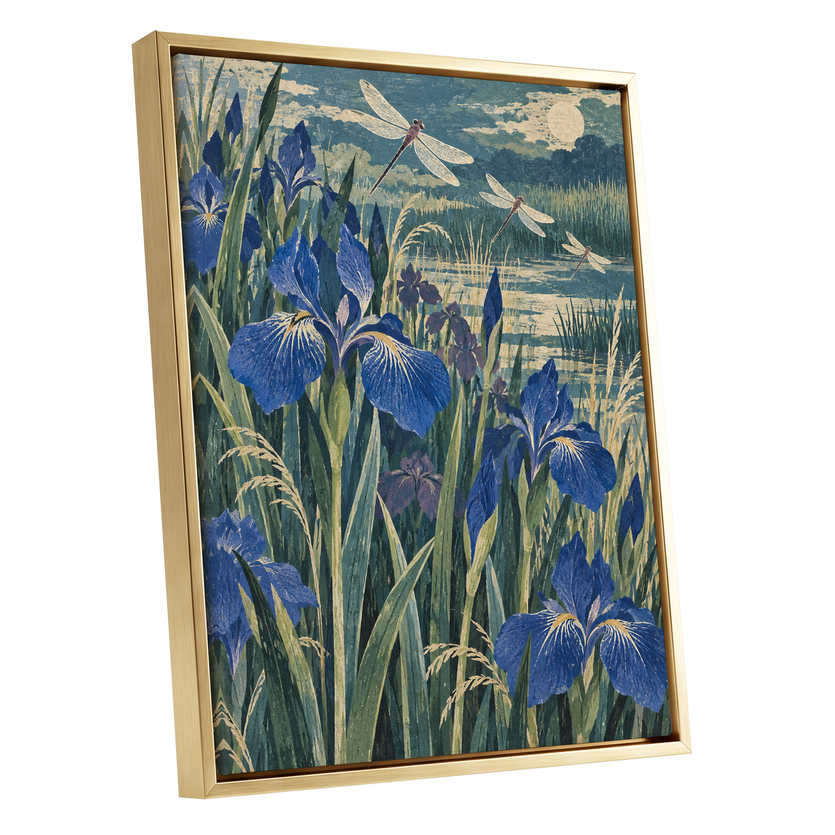 Iris Moonflight, blue, green, beige floral wall art shown as a gold framed canvas wall art