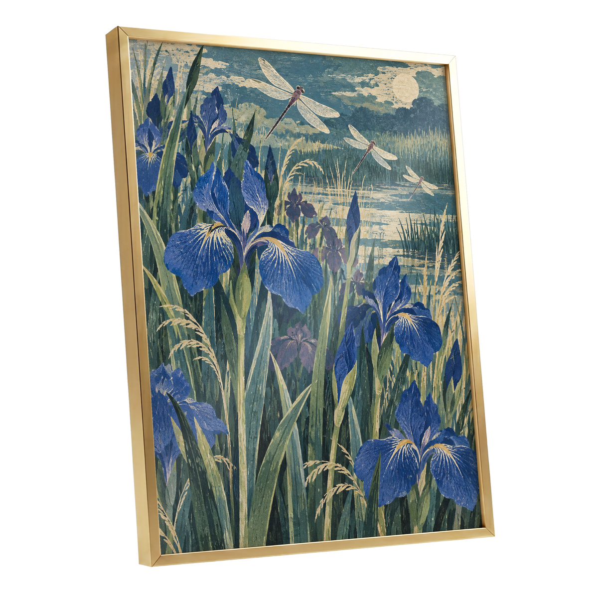 Iris Moonflight, blue, green, beige floral wall art shown as a gold framed poster wall art print