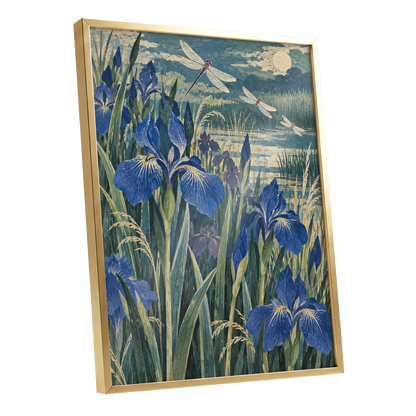 Iris Moonflight, blue, green, beige floral wall art shown as a gold framed poster wall art print