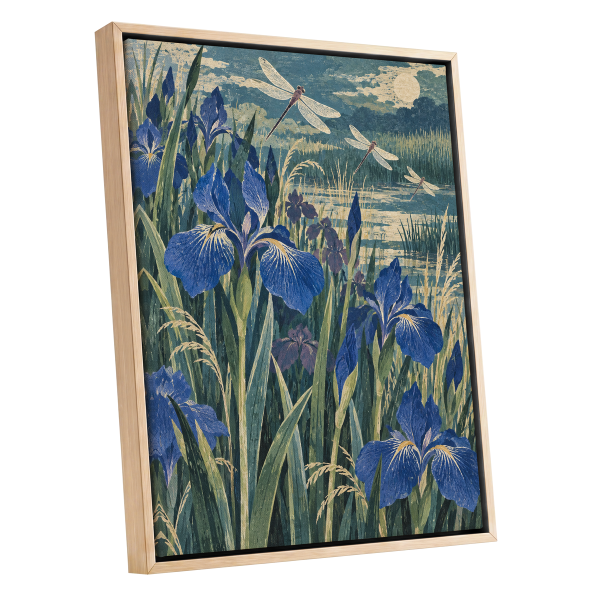 Iris Moonflight, blue, green, beige floral wall art shown as a oak framed canvas wall art