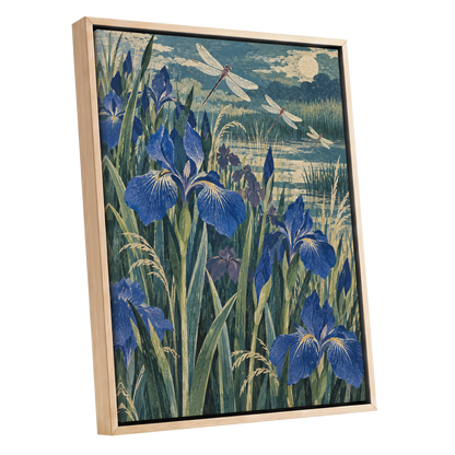Iris Moonflight, blue, green, beige floral wall art shown as a oak framed canvas wall art