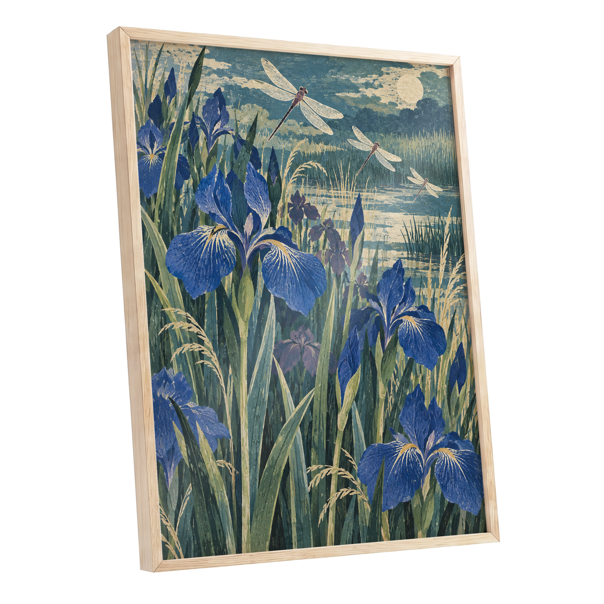 Iris Moonflight, blue, green, beige floral wall art shown as a oak framed poster wall art print