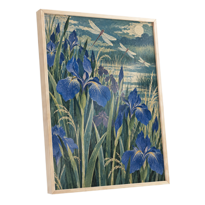 Iris Moonflight, blue, green, beige floral wall art shown as a oak framed poster wall art print