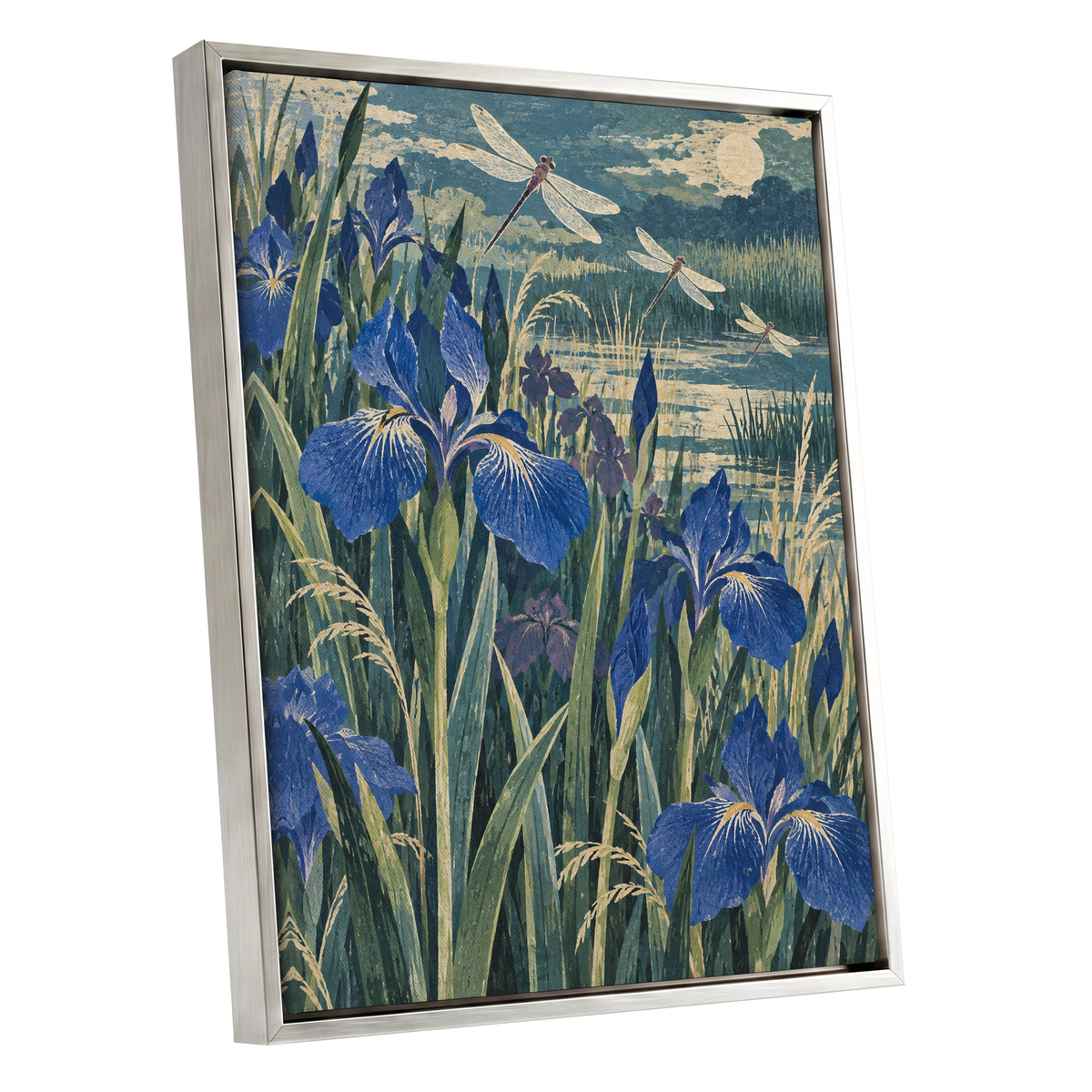 Iris Moonflight, blue, green, beige floral wall art shown as a silver framed canvas wall art