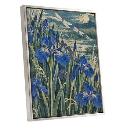 Iris Moonflight, blue, green, beige floral wall art shown as a silver framed canvas wall art