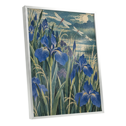 Iris Moonflight, blue, green, beige floral wall art shown as a silver framed poster wall art print