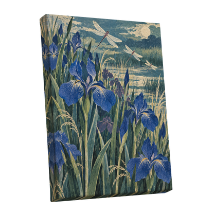 Iris Moonflight, blue, green, beige floral wall art shown as a stretched canvas wall art