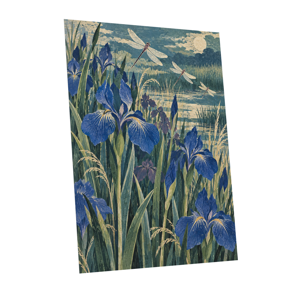 Iris Moonflight, blue, green, beige floral wall art shown as a unframed poster wall art print
