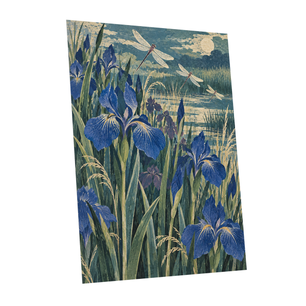 Iris Moonflight, blue, green, beige floral wall art shown as a unframed poster wall art print
