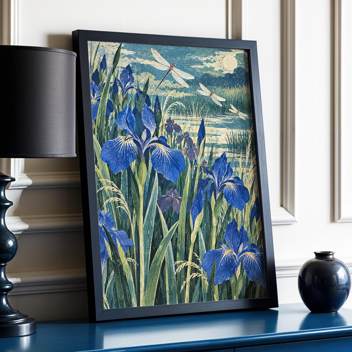 Iris Moonflight, blue, green, beige floral wall art displayed in a styled interior, gallery view 2