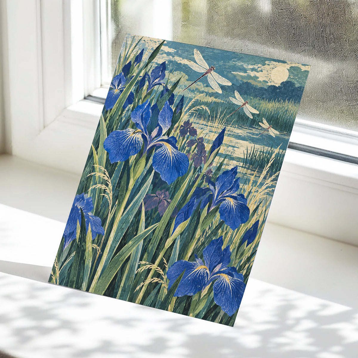 Iris Moonflight, blue, green, beige floral wall art displayed in a styled interior, gallery view 5