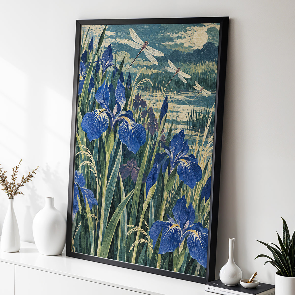 Iris Moonflight, blue, green, beige floral wall art displayed in a styled interior, gallery view 6