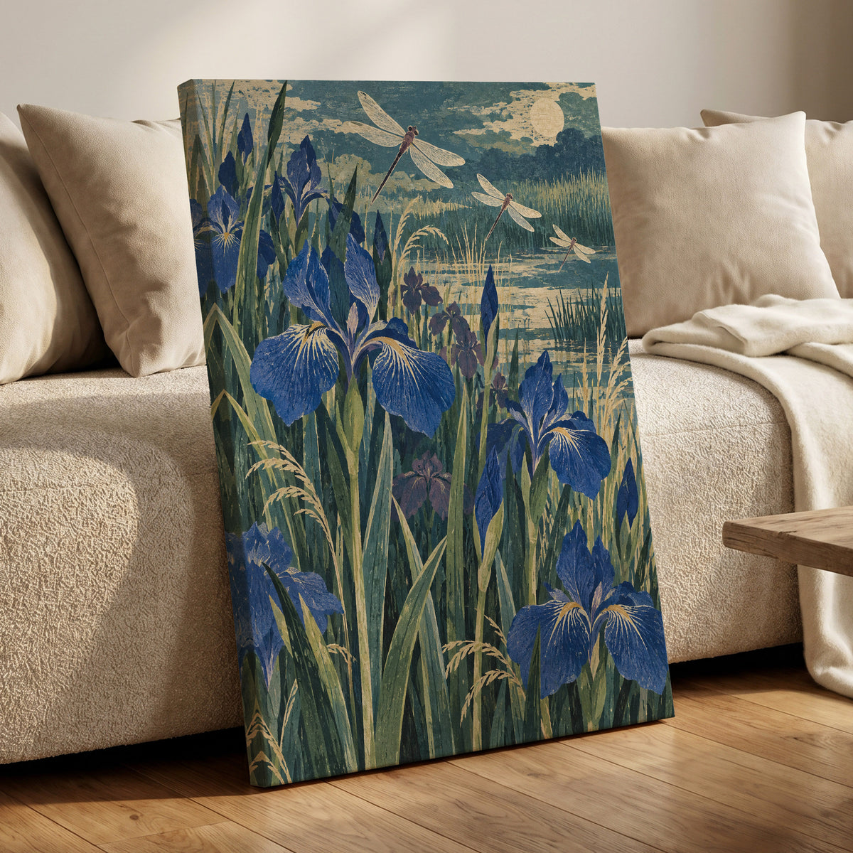 Iris Moonflight, blue, green, beige floral wall art displayed in a styled interior, gallery view 7