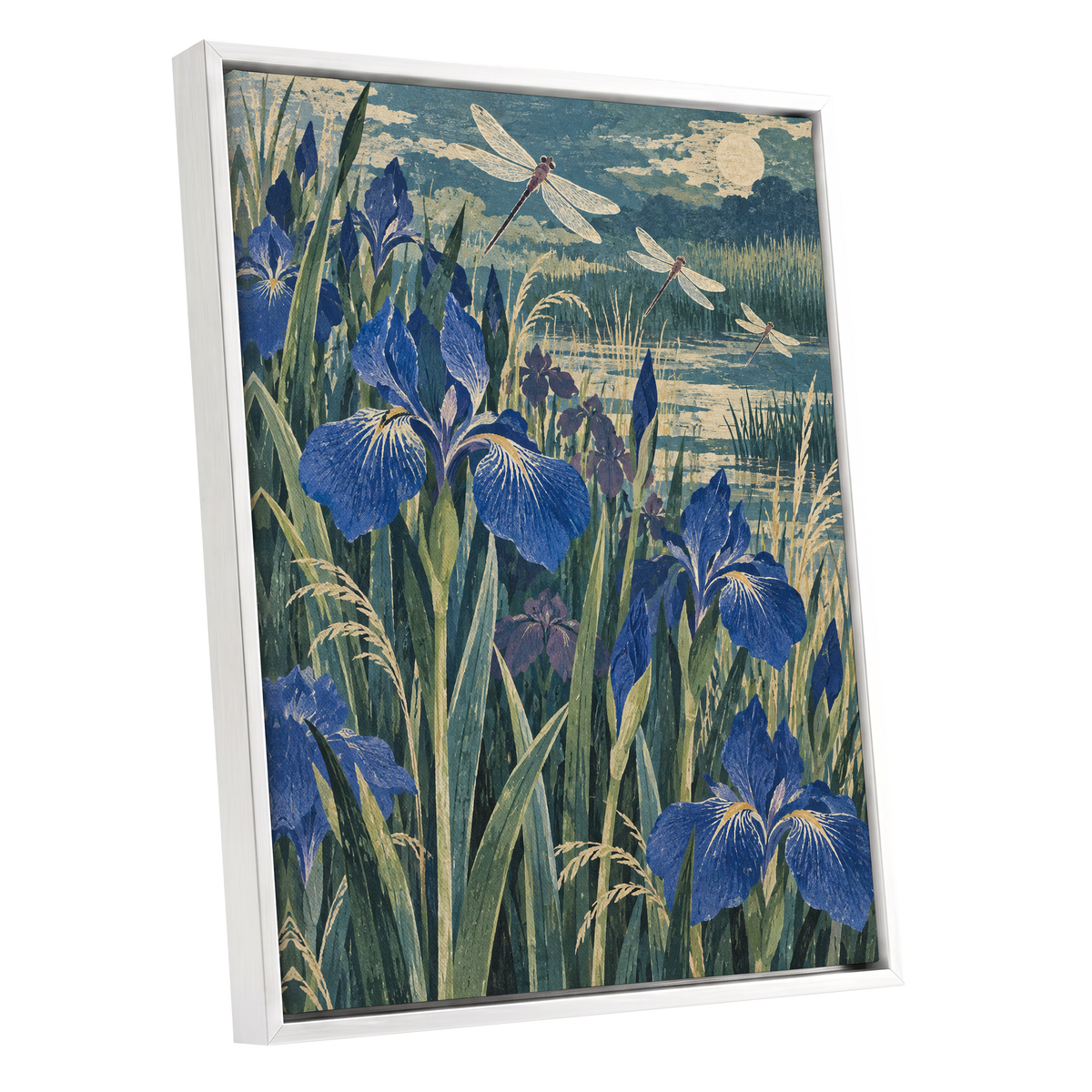Iris Moonflight, blue, green, beige floral wall art shown as a white framed canvas wall art
