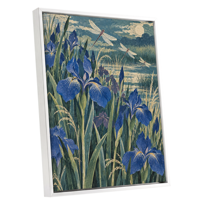 Iris Moonflight, blue, green, beige floral wall art shown as a white framed canvas wall art