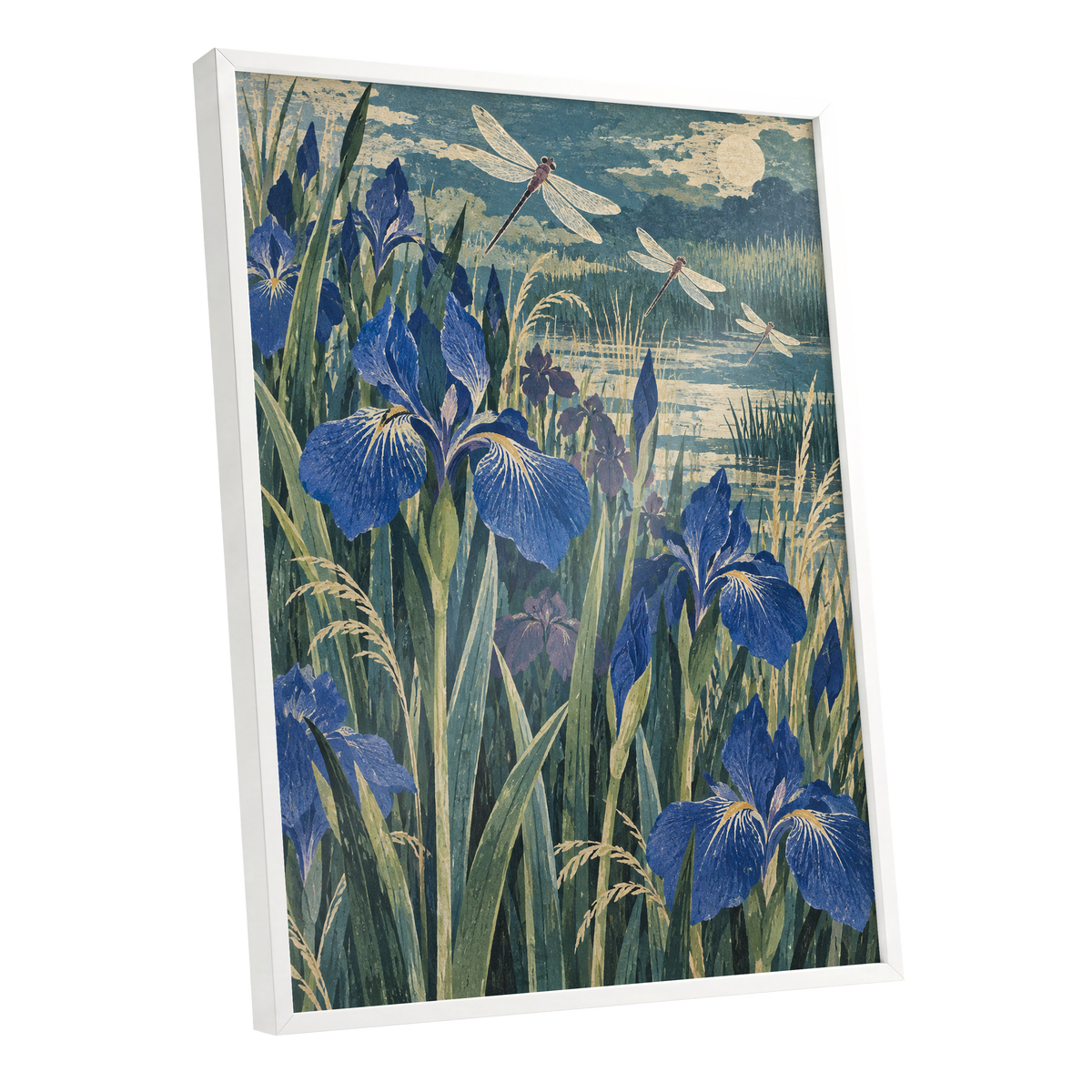 Iris Moonflight, blue, green, beige floral wall art shown as a white framed poster wall art print