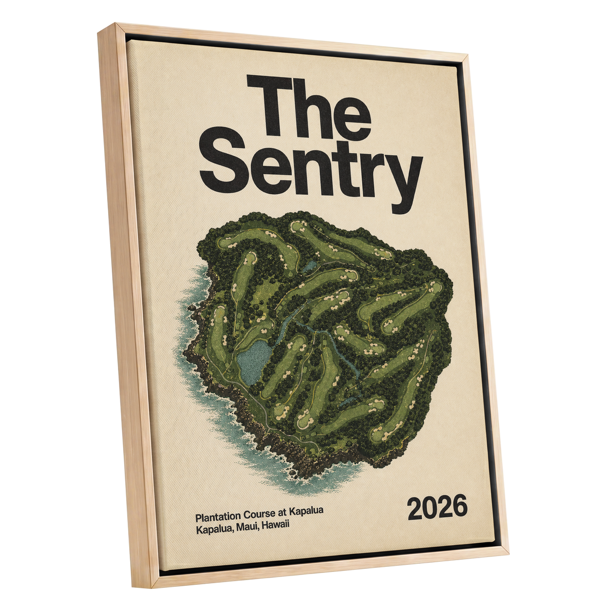 Island Fairways, green, beige, black nature wall art shown as a oak framed canvas wall art
