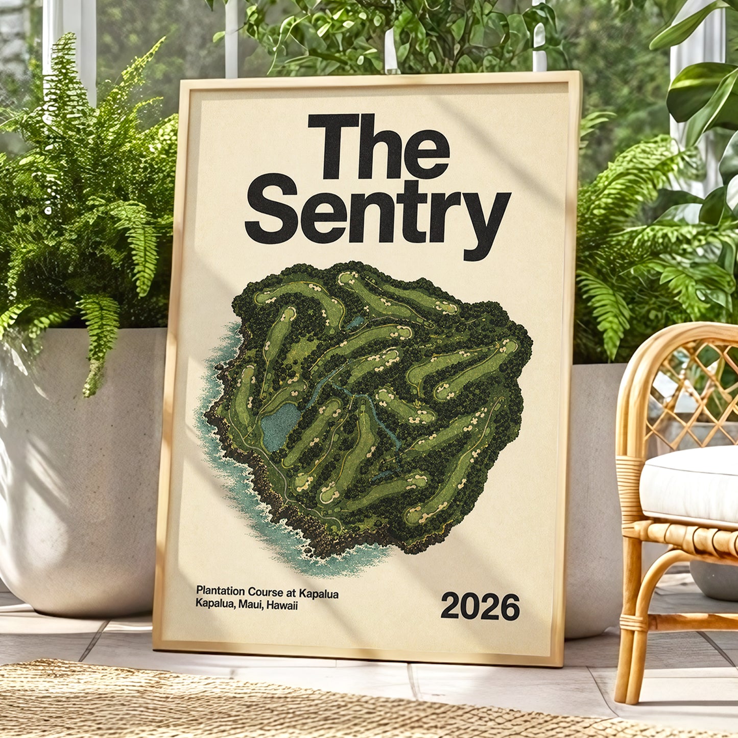Island Fairways, green, beige, black nature wall art displayed in a styled interior, gallery view 1