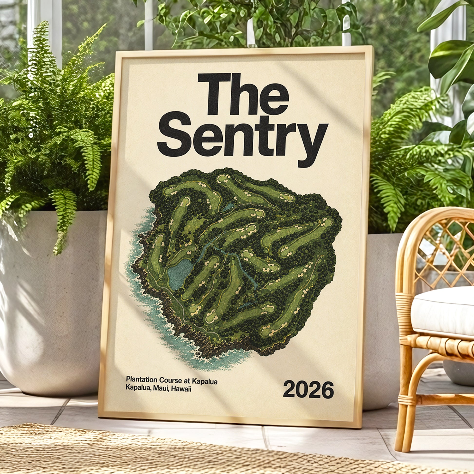 Island Fairways, green, beige, black nature wall art displayed in a styled interior, gallery view 1