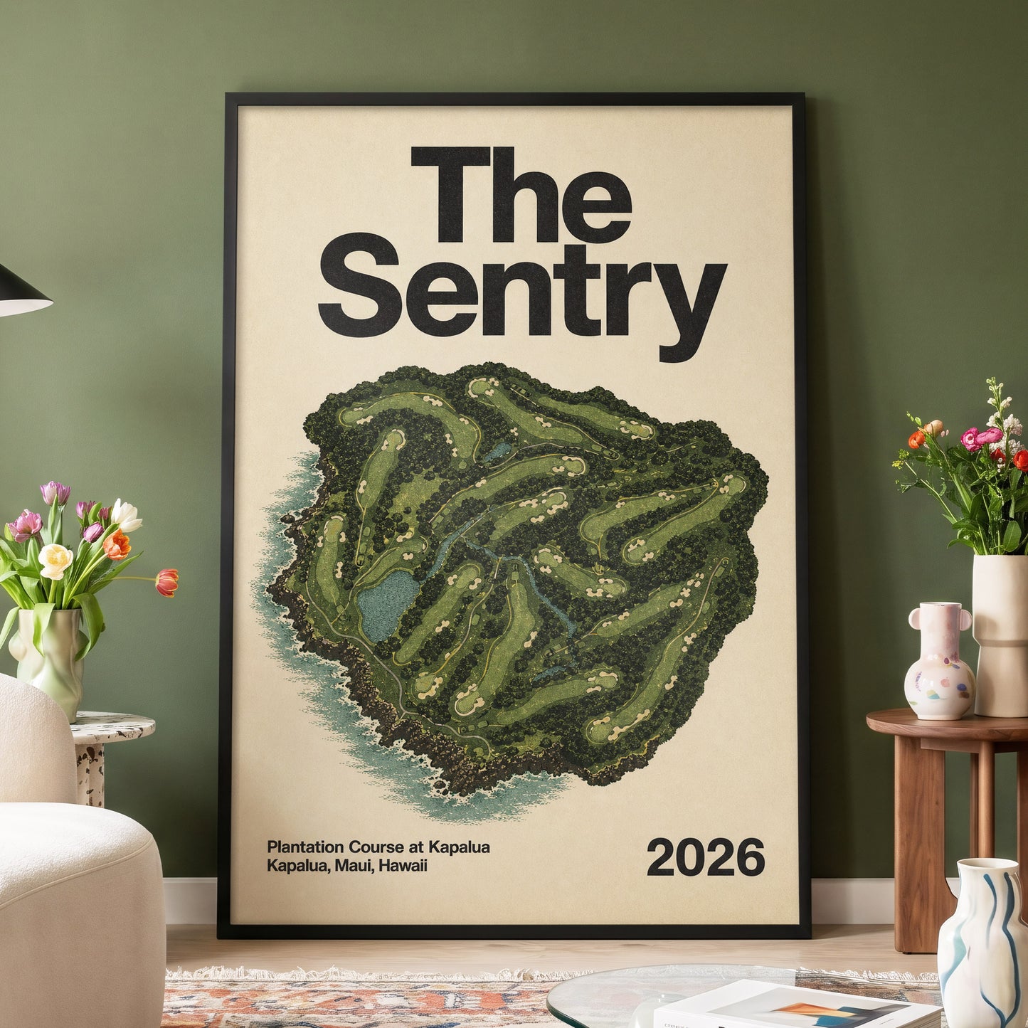 Island Fairways, green, beige, black nature wall art displayed in a styled interior, gallery view 4