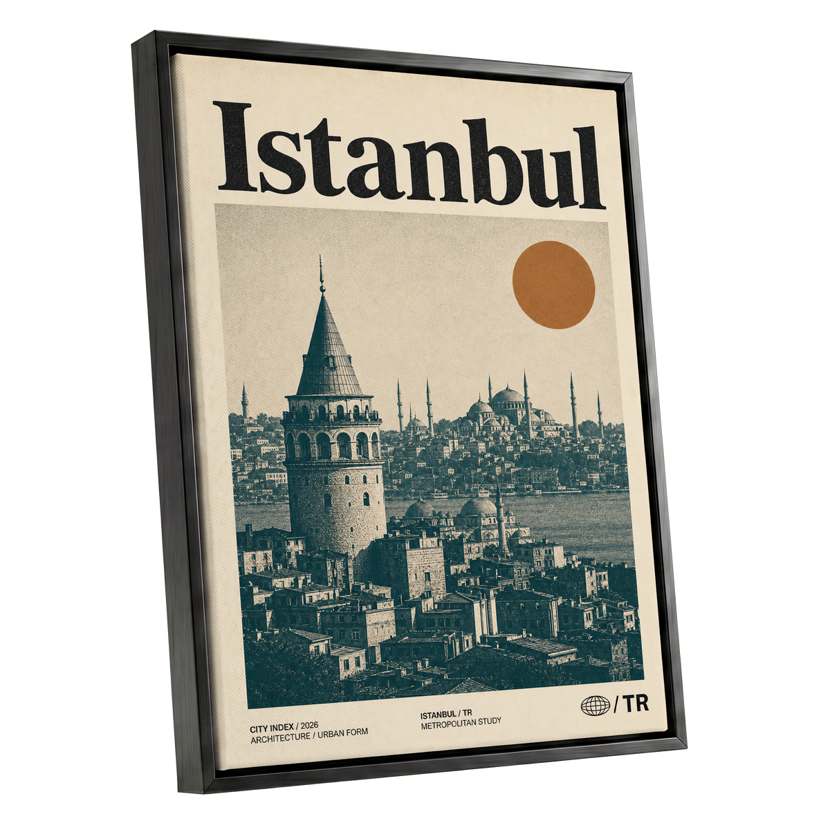 Istanbul in Ochre, green, beige, orange minimalist wall art shown as a black framed canvas wall art