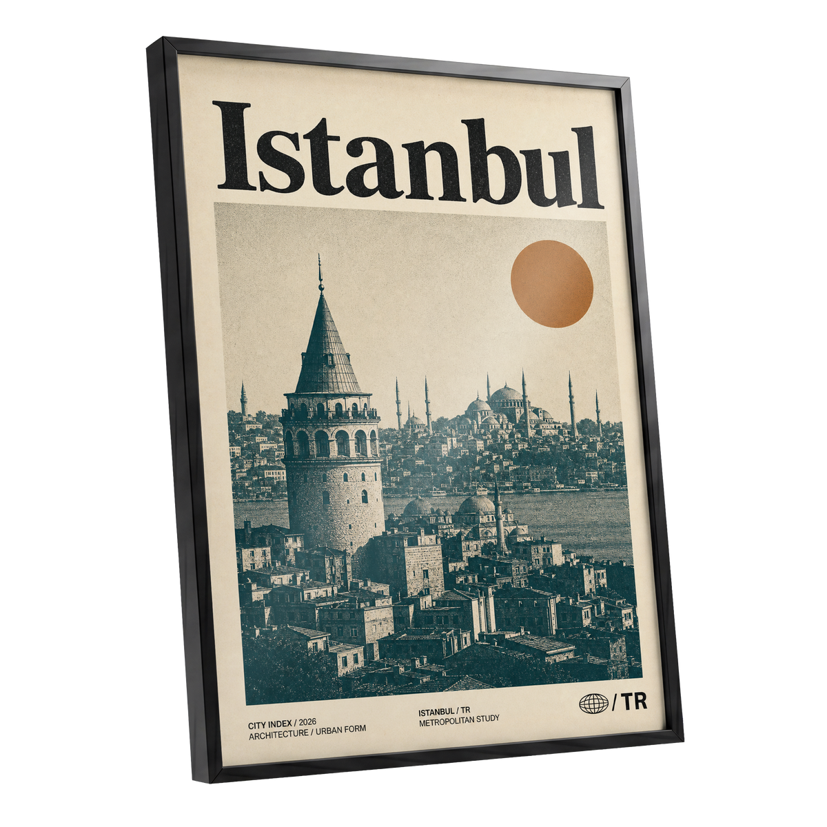 Istanbul in Ochre, green, beige, orange minimalist wall art shown as a black framed poster wall art print