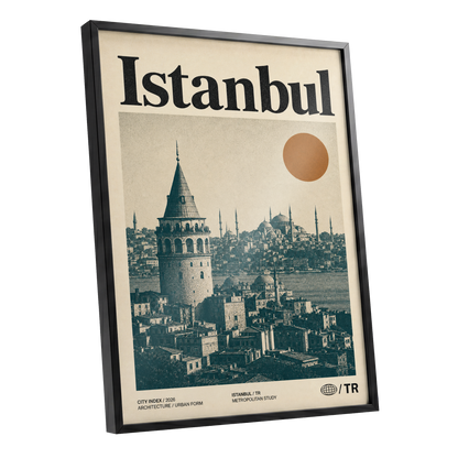 Istanbul in Ochre, green, beige, orange minimalist wall art shown as a black framed poster wall art print
