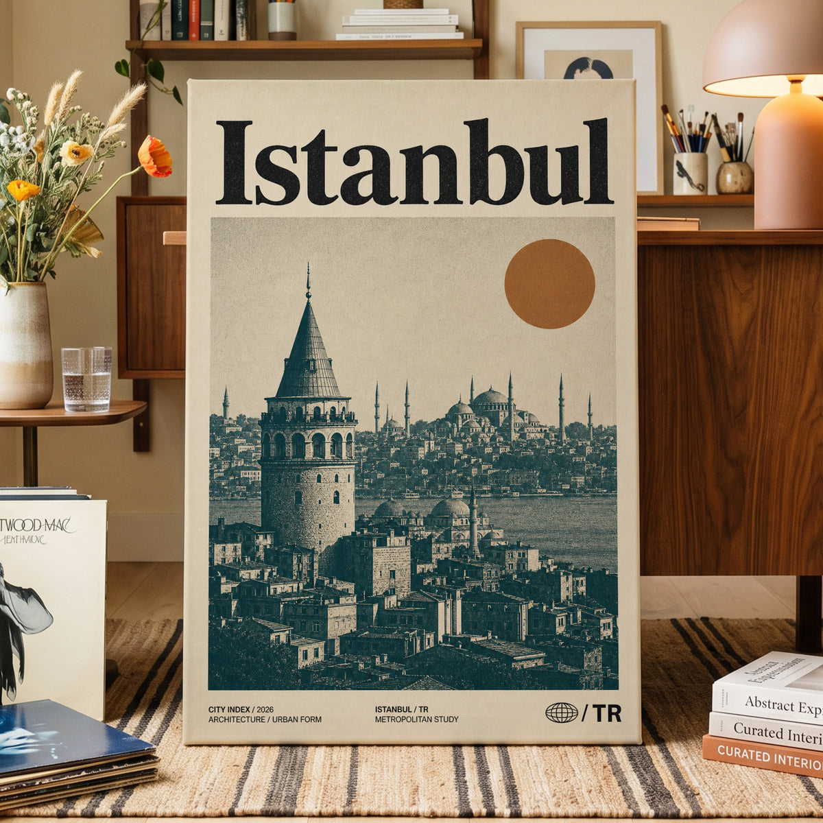 Istanbul in Ochre, green, beige, orange minimalist wall art on canvas displayed in a styled interior, gallery view 1