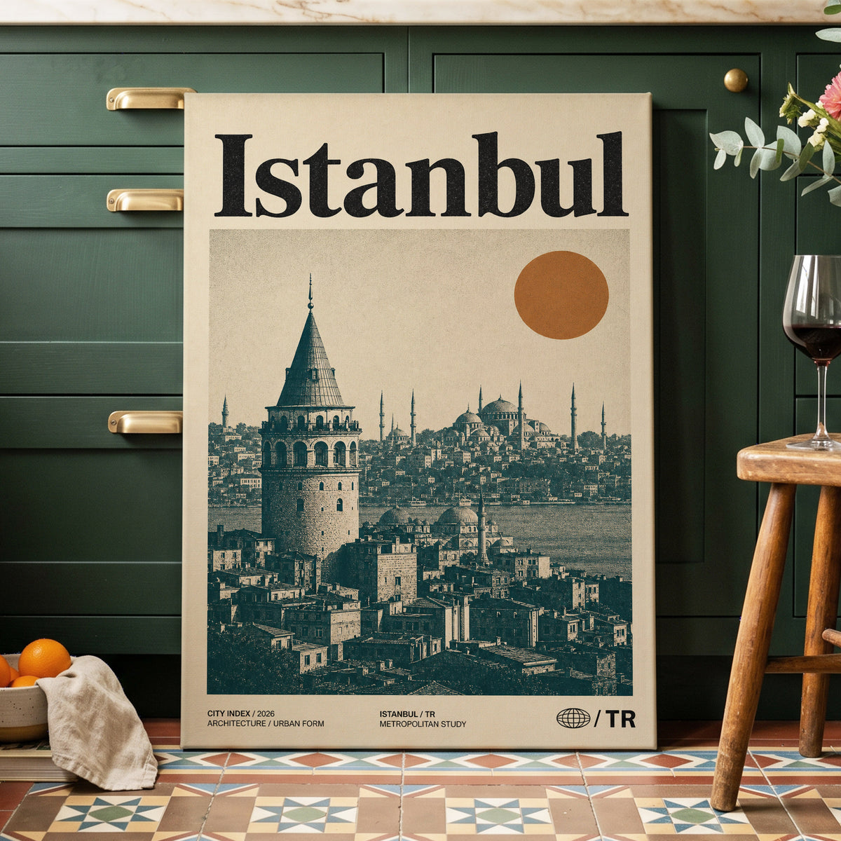 Istanbul in Ochre, green, beige, orange minimalist wall art on canvas displayed in a styled interior, gallery view 2