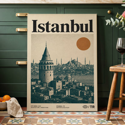 Istanbul in Ochre, green, beige, orange minimalist wall art on canvas displayed in a styled interior, gallery view 2