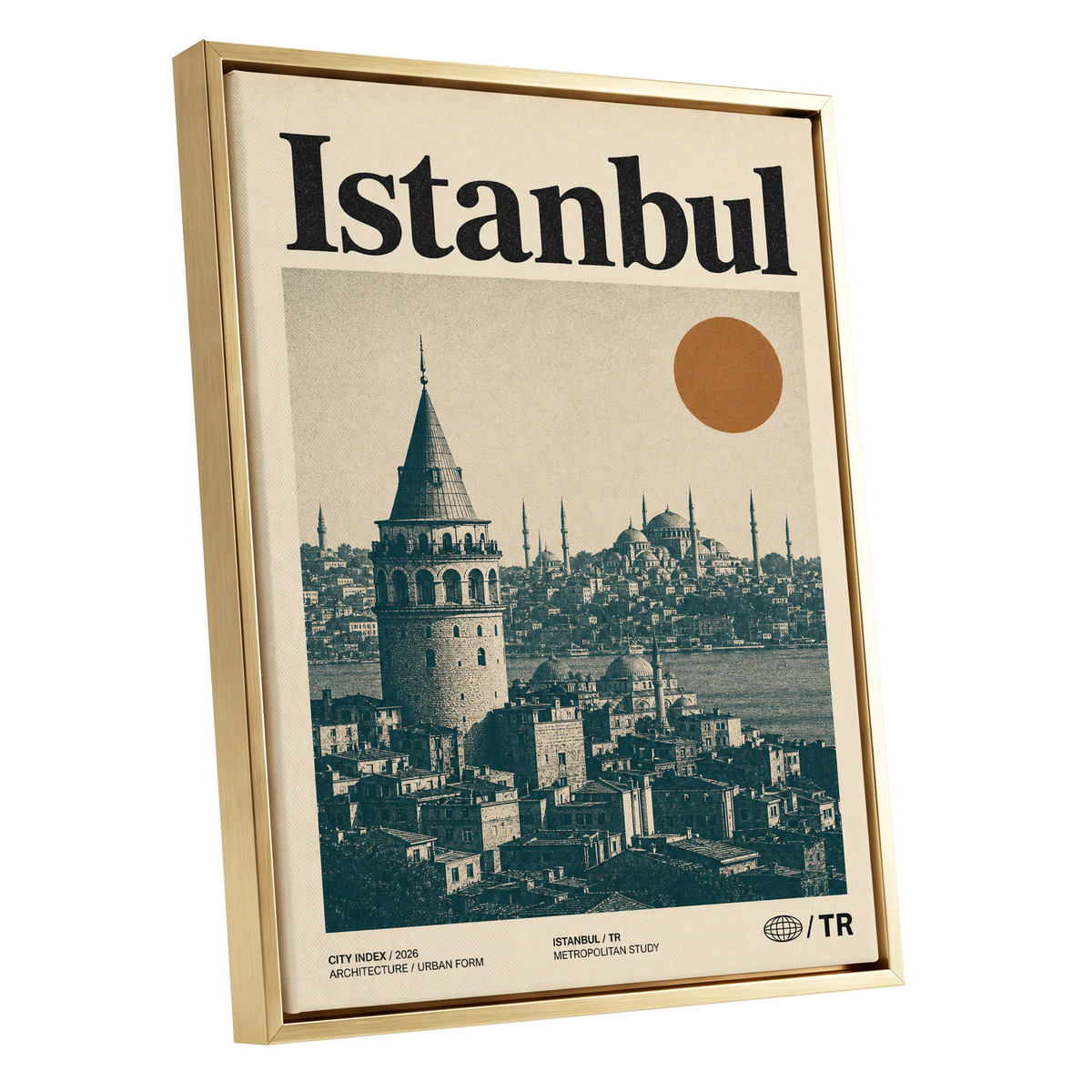 Istanbul in Ochre, green, beige, orange minimalist wall art shown as a gold framed canvas wall art