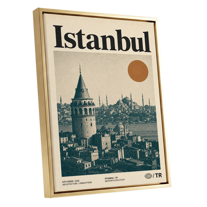 Istanbul in Ochre, green, beige, orange minimalist wall art shown as a gold framed canvas wall art