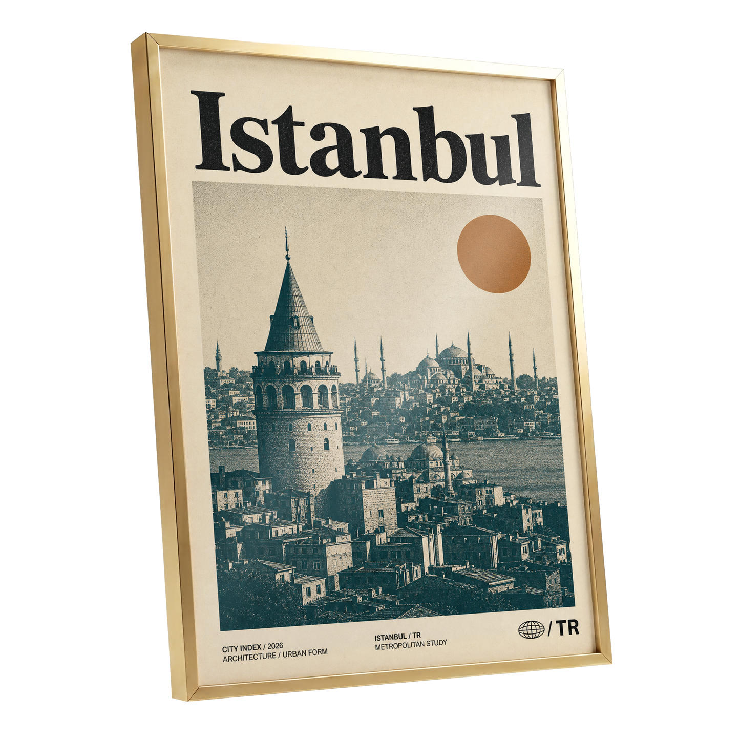 Istanbul in Ochre, green, beige, orange minimalist wall art shown as a gold framed poster wall art print