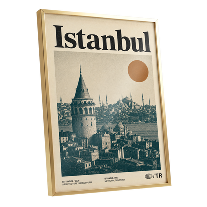 Istanbul in Ochre, green, beige, orange minimalist wall art shown as a gold framed poster wall art print