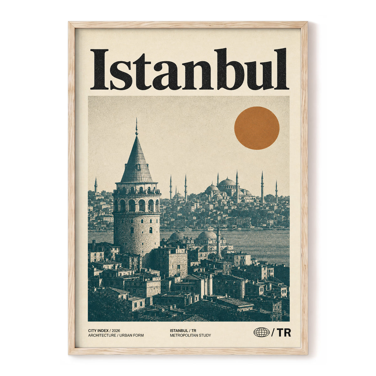 Istanbul in Ochre, green, beige, orange minimalist wall art, front artwork view