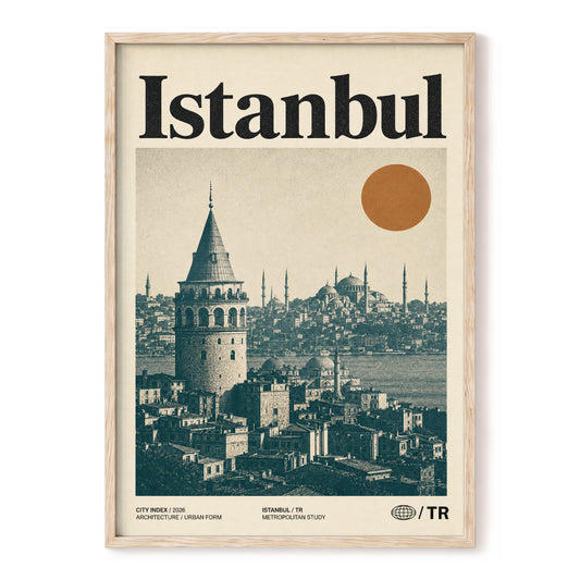 Istanbul in Ochre, green, beige, orange minimalist wall art, front artwork view