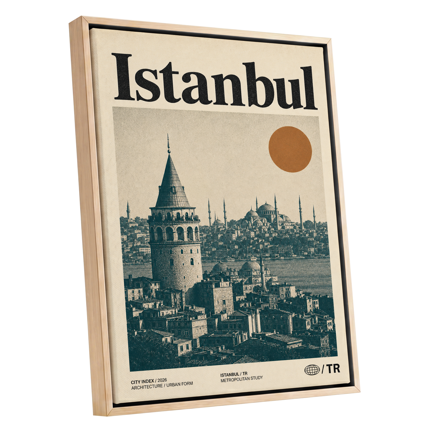 Istanbul in Ochre, green, beige, orange minimalist wall art shown as a oak framed canvas wall art
