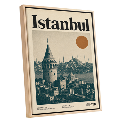 Istanbul in Ochre, green, beige, orange minimalist wall art shown as a oak framed canvas wall art