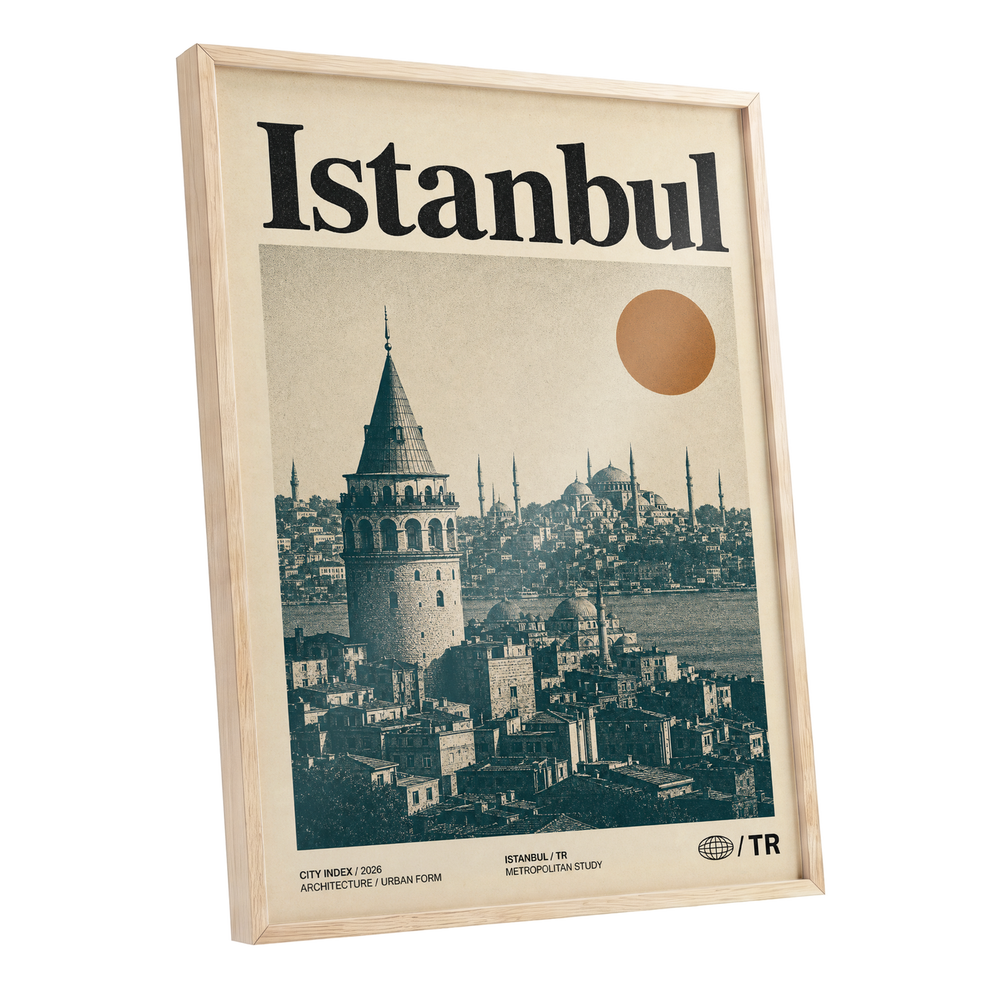 Istanbul in Ochre, green, beige, orange minimalist wall art shown as a oak framed poster wall art print