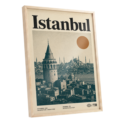 Istanbul in Ochre, green, beige, orange minimalist wall art shown as a oak framed poster wall art print