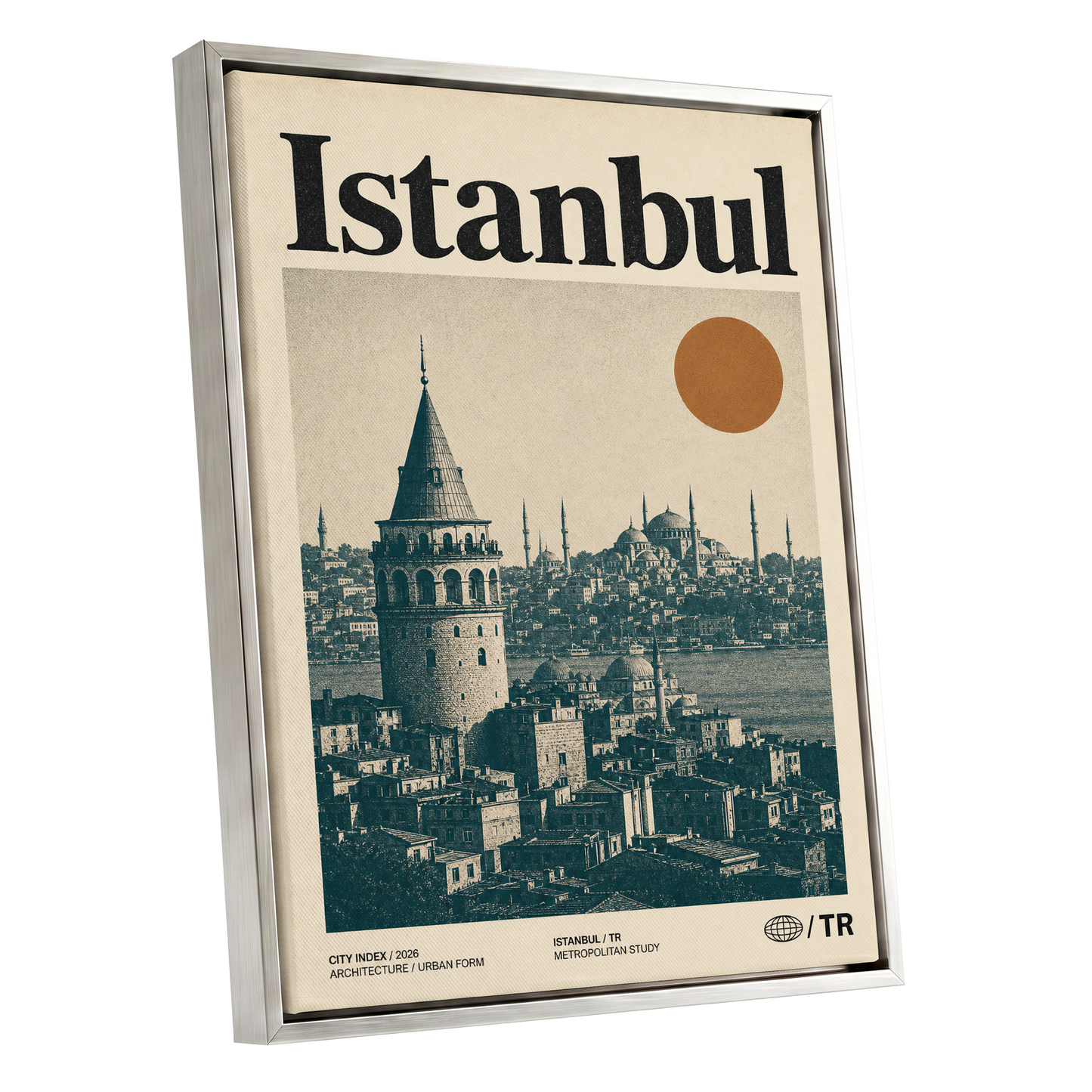 Istanbul in Ochre, green, beige, orange minimalist wall art shown as a silver framed canvas wall art