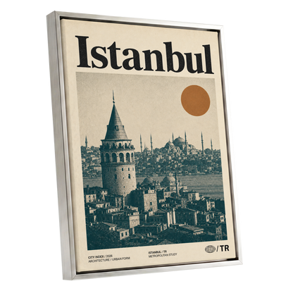 Istanbul in Ochre, green, beige, orange minimalist wall art shown as a silver framed canvas wall art