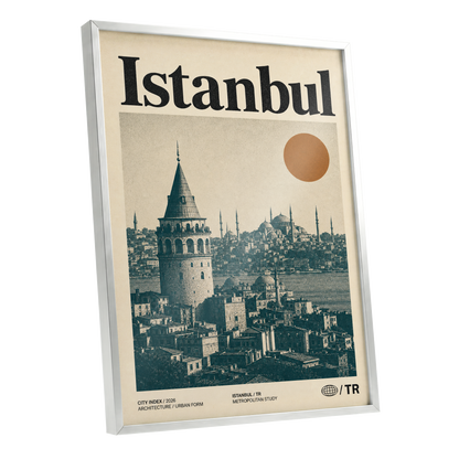 Istanbul in Ochre, green, beige, orange minimalist wall art shown as a silver framed poster wall art print