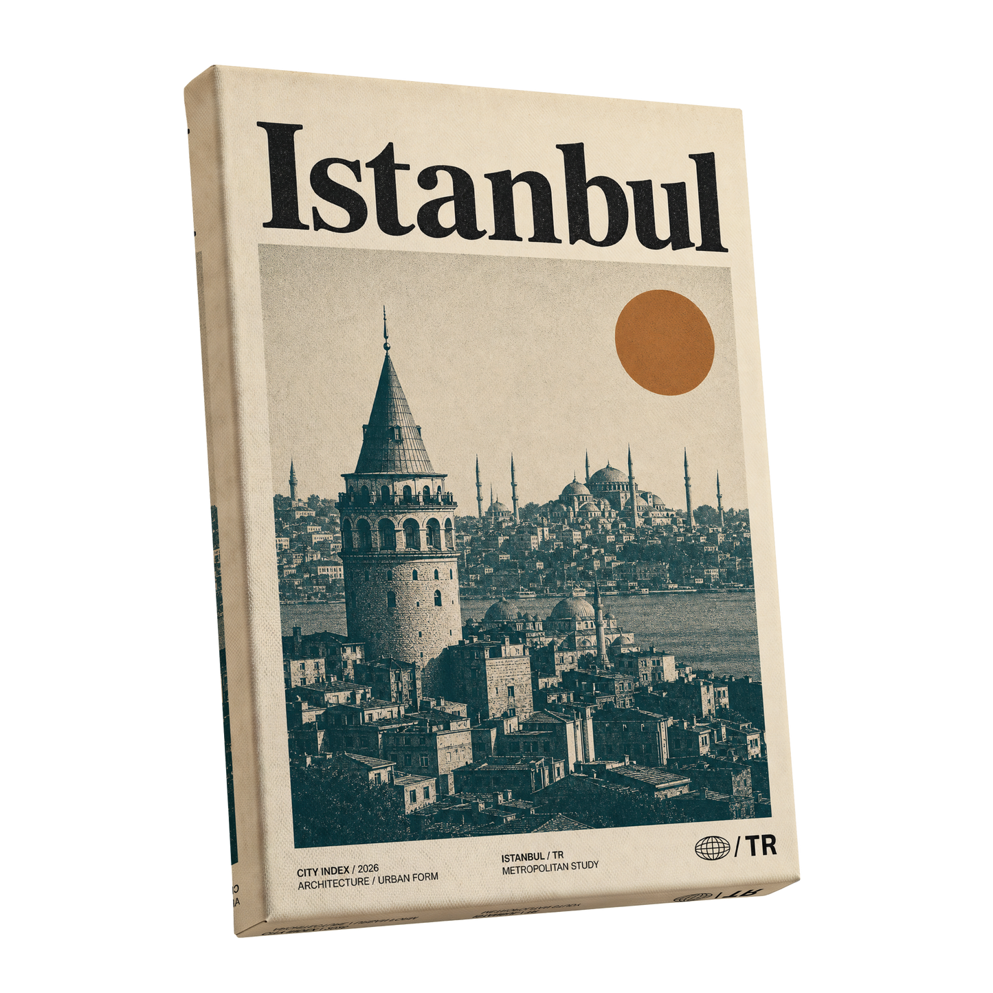 Istanbul in Ochre, green, beige, orange minimalist wall art shown as a stretched canvas wall art